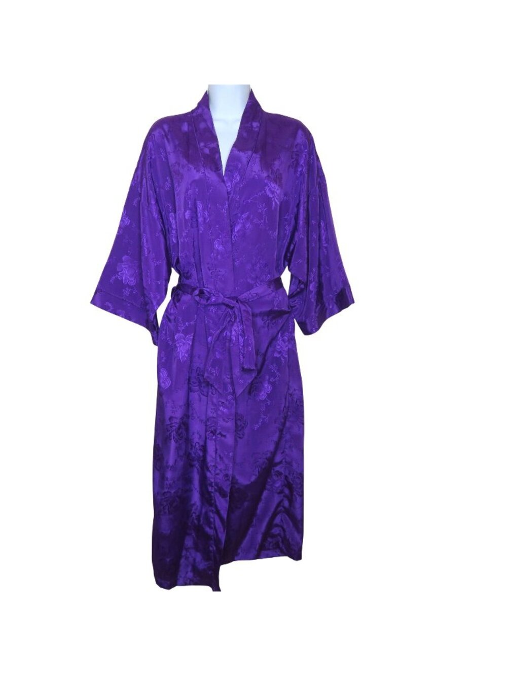 New Vintage Erika Taylor Purple Floral Jacquard Satin Robe Belted Pockets Womens